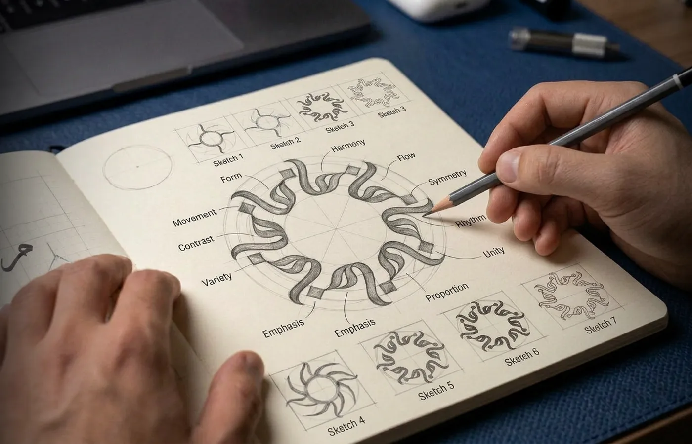 Brand identity planning table with visual system documents and color work